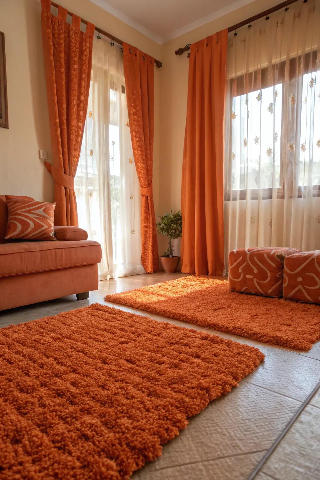 Textured orange elements add depth and richness to the living space.