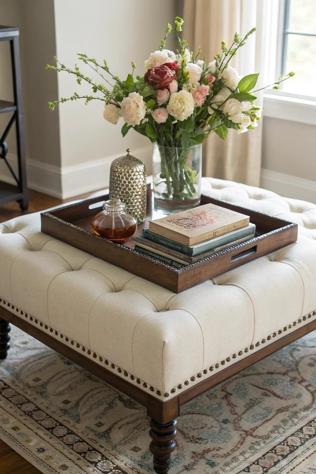 A decorative tray atop an ottoman for added style