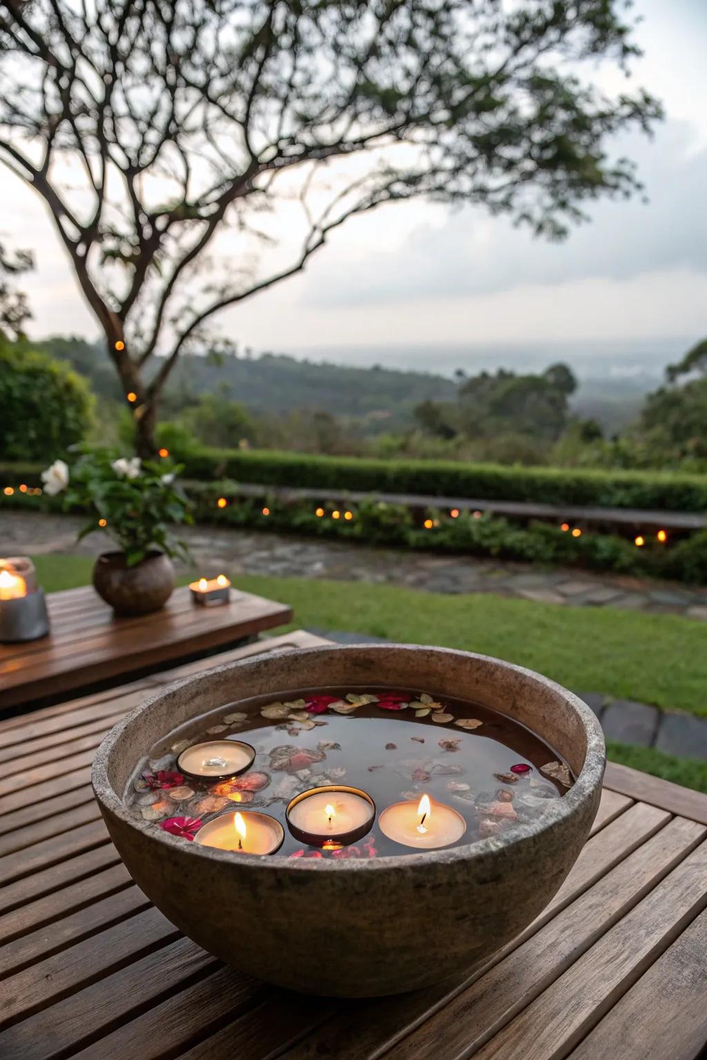 Floating candles create a calming and elegant centerpiece.