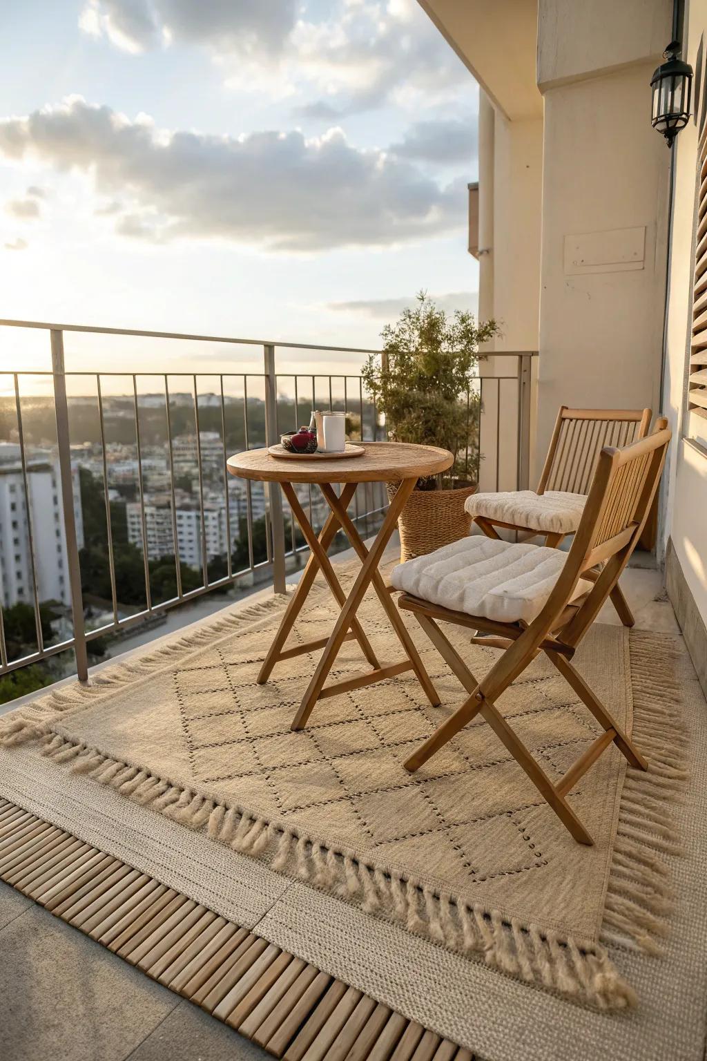 Outdoor rugs add warmth and define small spaces.