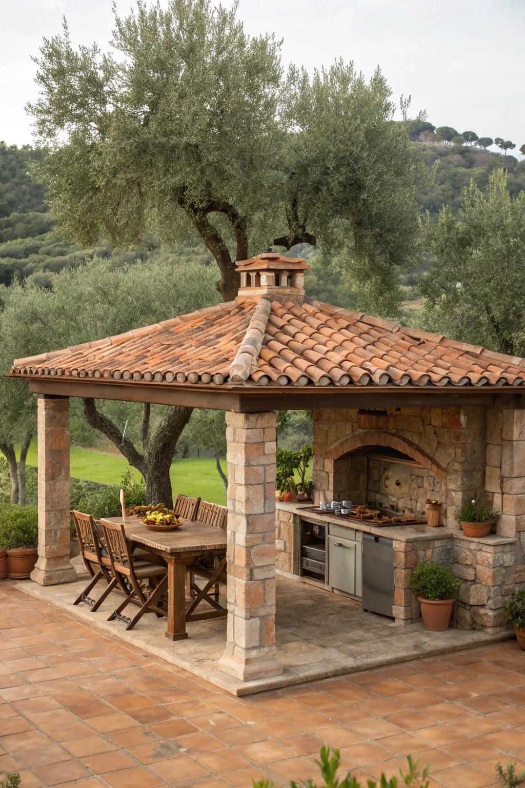 Create a Mediterranean escape with an elegant outdoor kitchen gazebo.