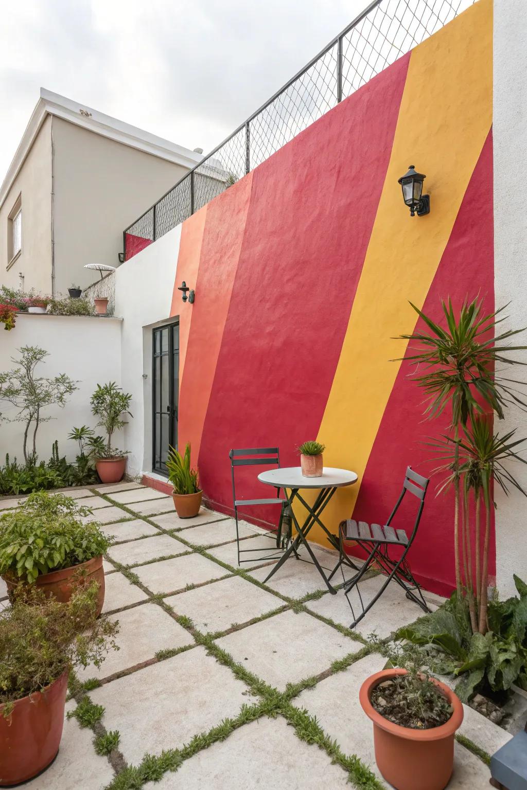 Bold accent paint transforms the patio wall into a statement piece.