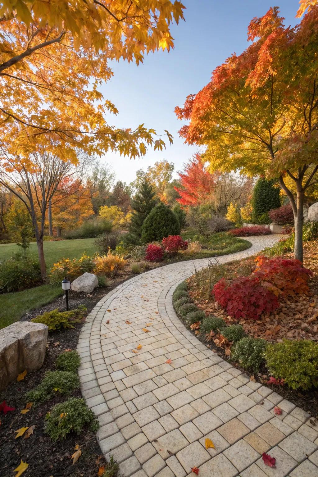 A warm travertine walkway winding through autumnal foliage.