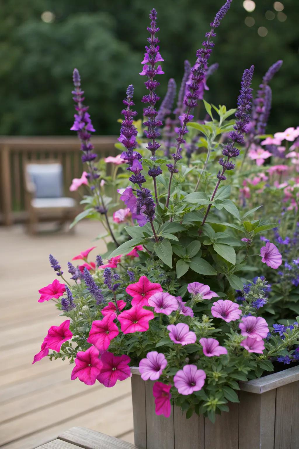 Salvia's height adds vertical interest to mounding petunias in containers.