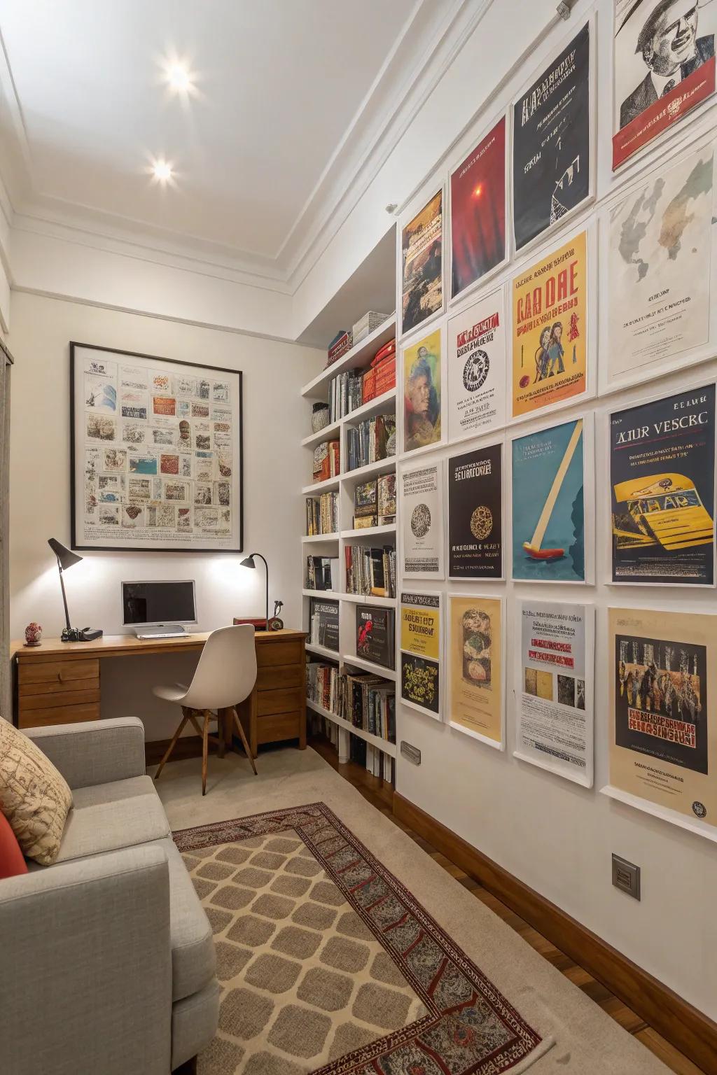 Layered prints creating a 3D effect in a stylish study.