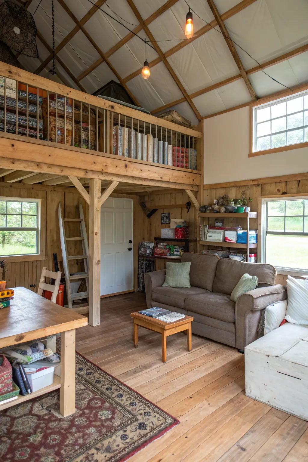 A mezzanine level in a pole barn being used for storage and relaxation.