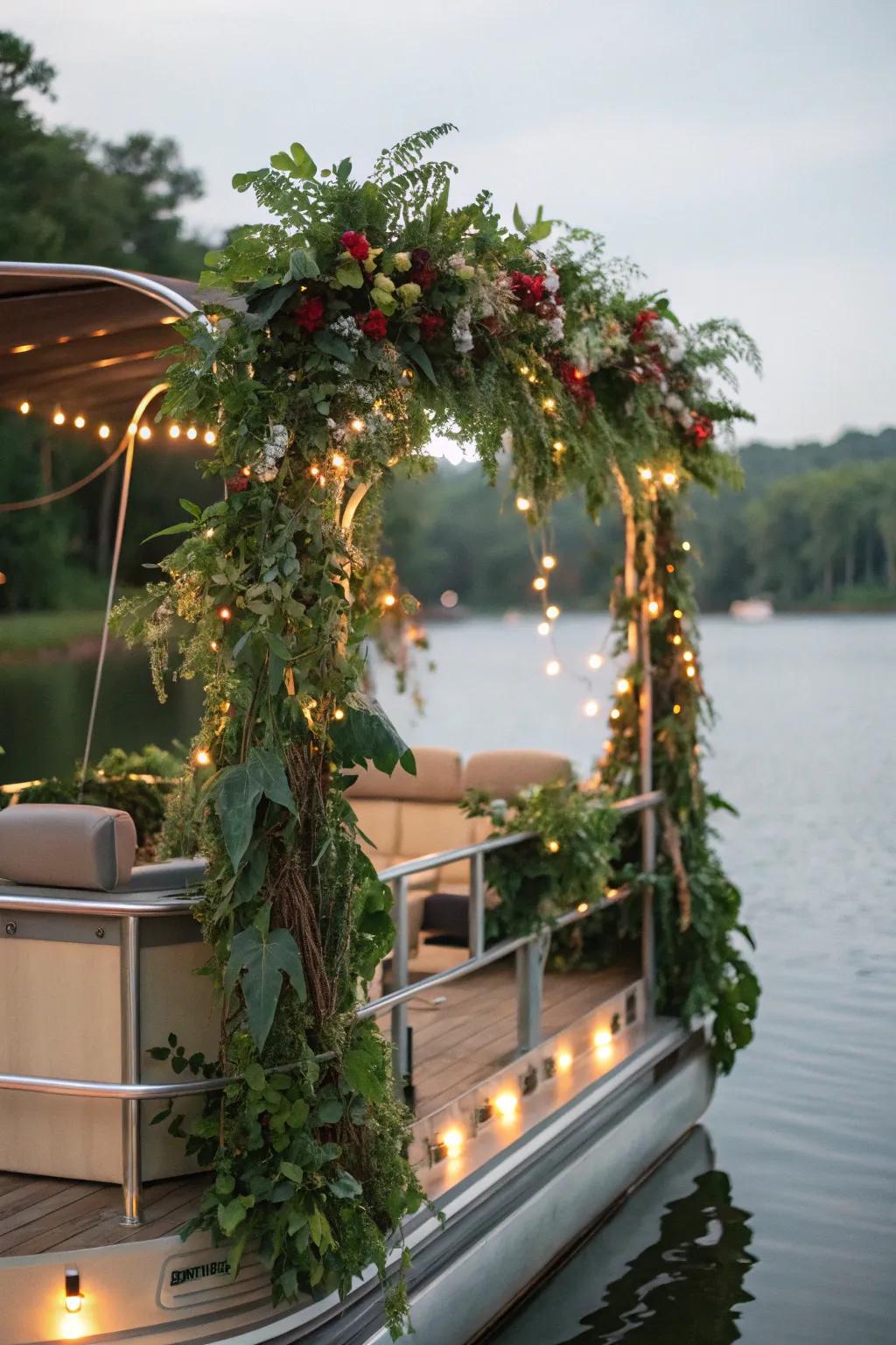 An enchanted forest-themed pontoon boat with lush greenery and twinkling lights.