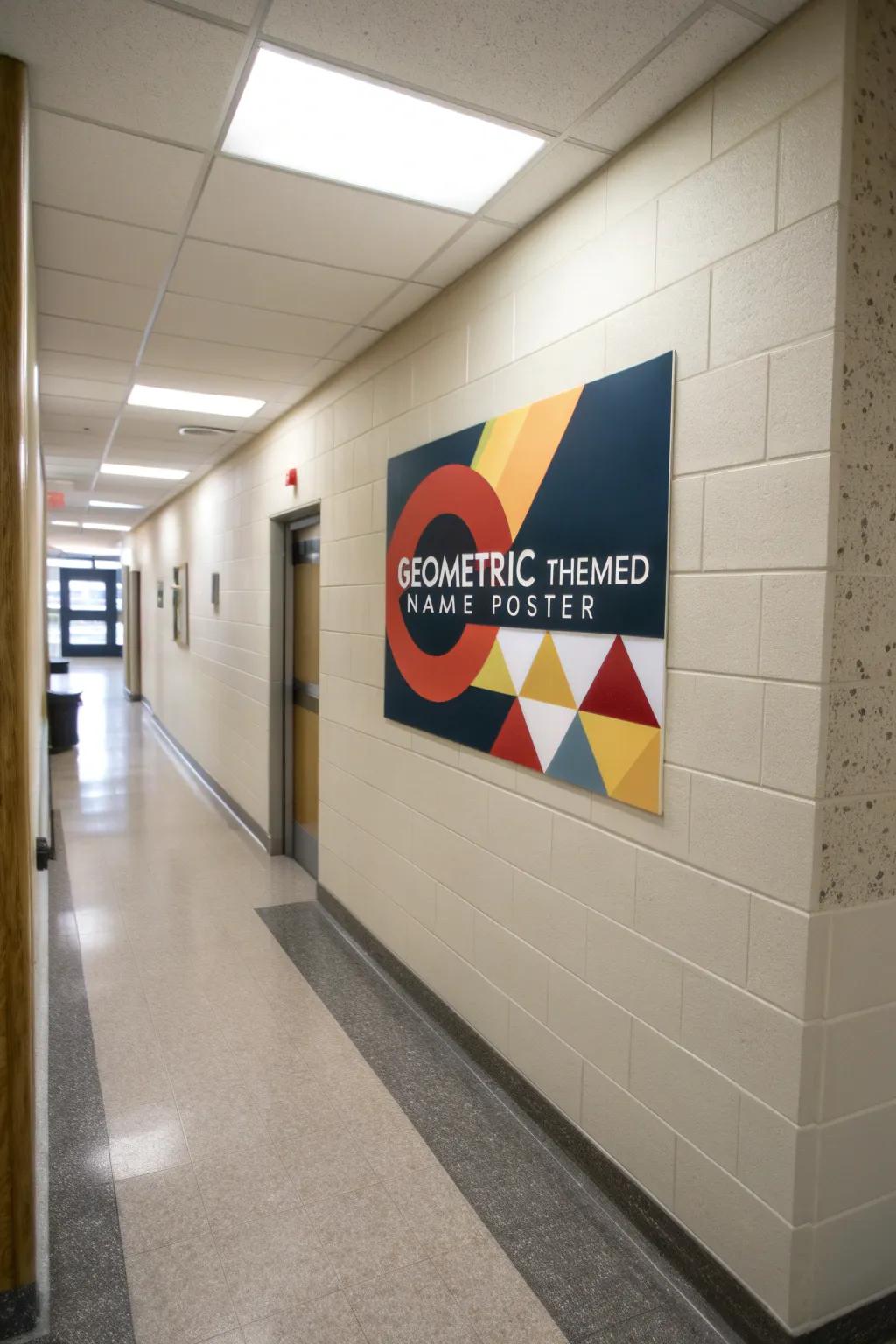 A geometric name poster adding a modern edge to a hallway.