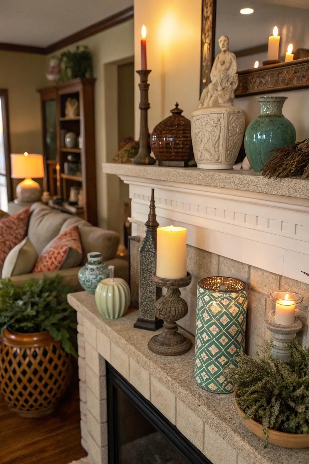 Eclectic pottery arrangement placed on a living room mantel.
