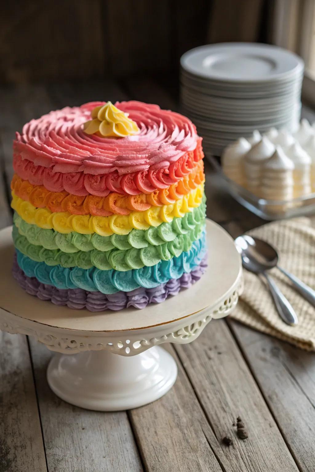 Ruffle frosting adds texture and fun to the rainbow cake.