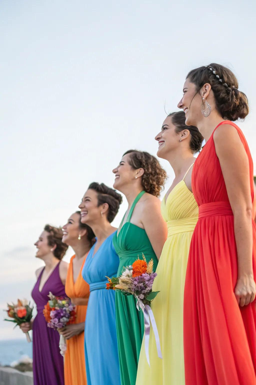 Bridesmaids showcasing a spectrum of colors in their dresses.