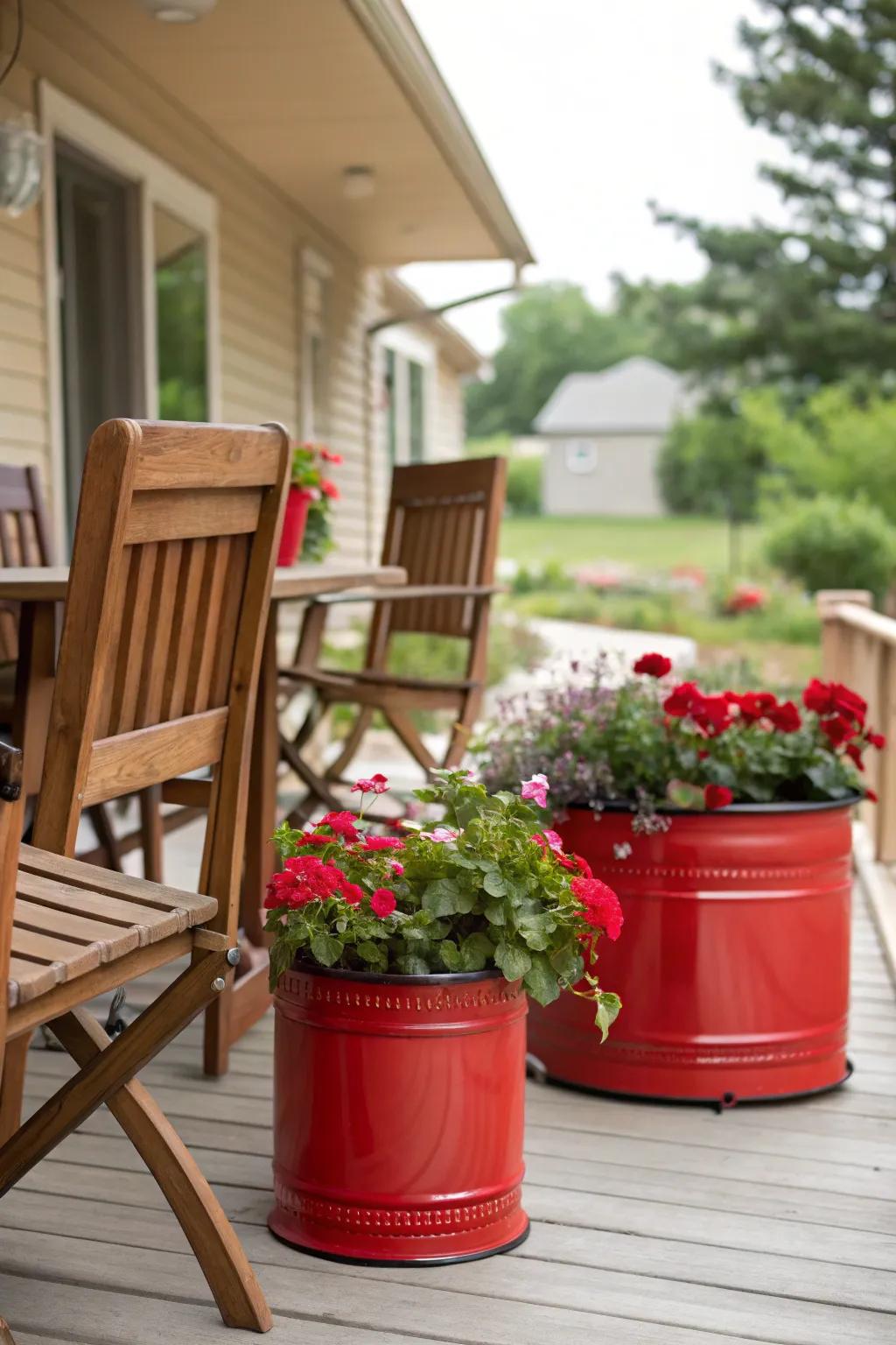 A modern blend of wood and red metal accents.