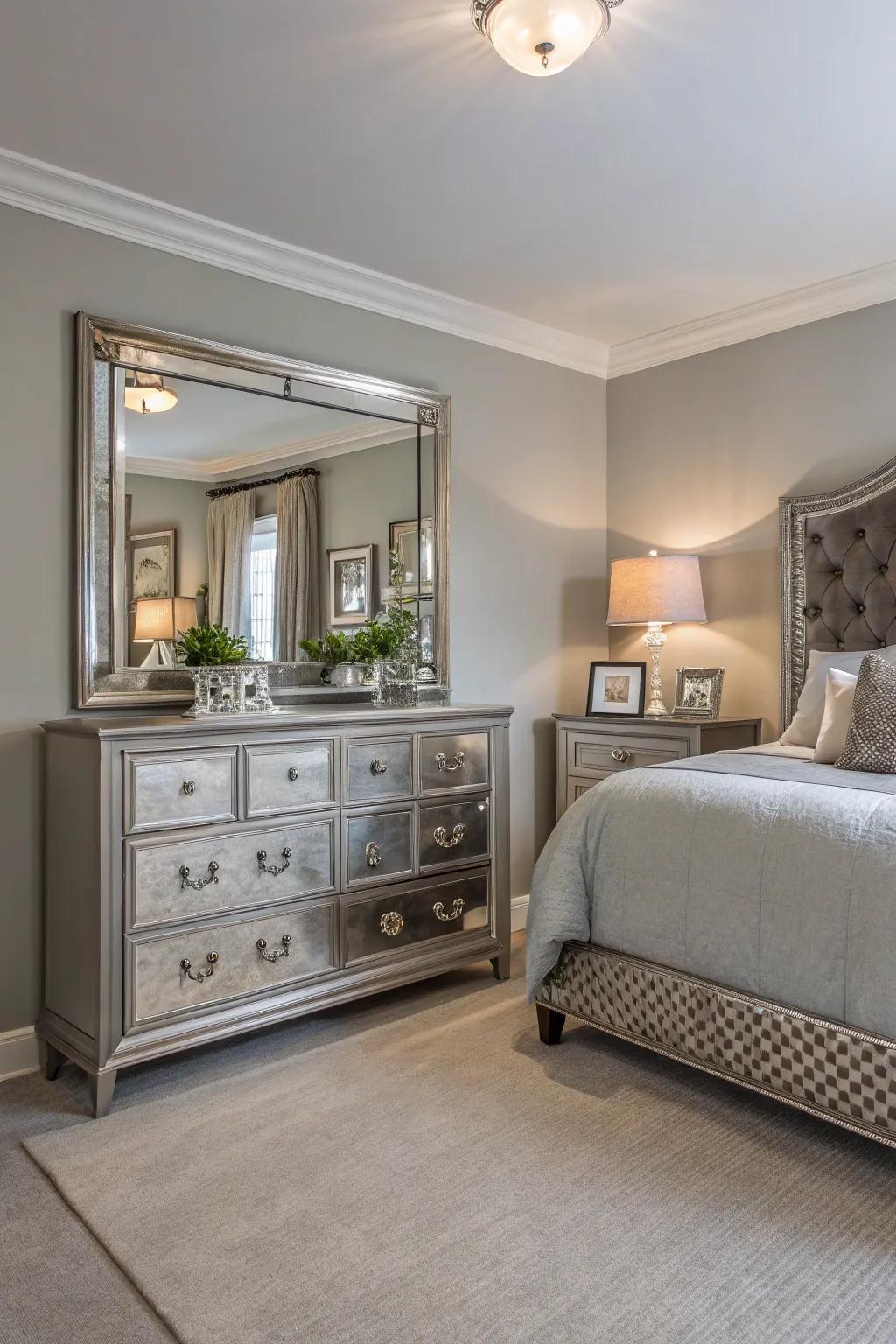 Mirrored accents add elegance and light to a Revere Pewter bedroom.