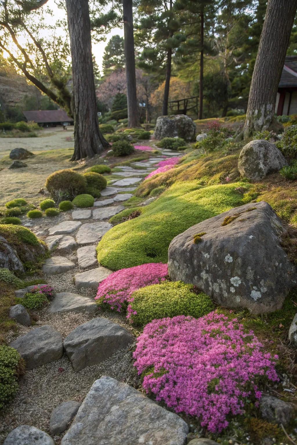 Enhance your rock garden with vibrant rose moss accents.