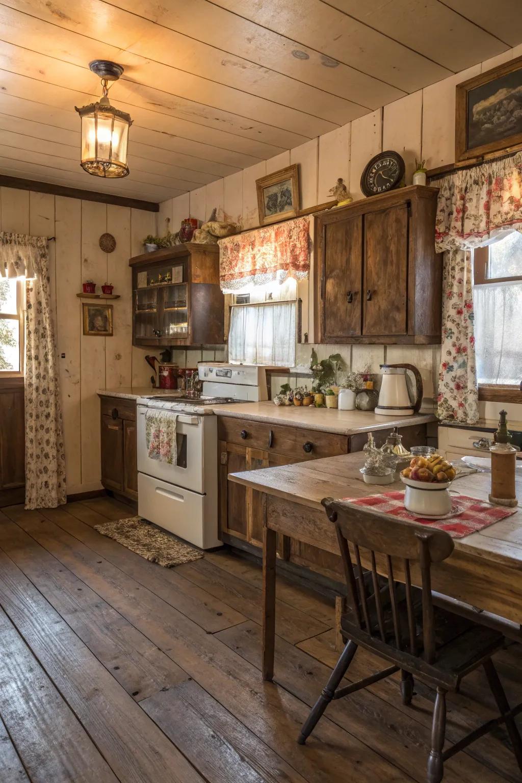 Distressed wood floors add a cozy, lived-in feel.