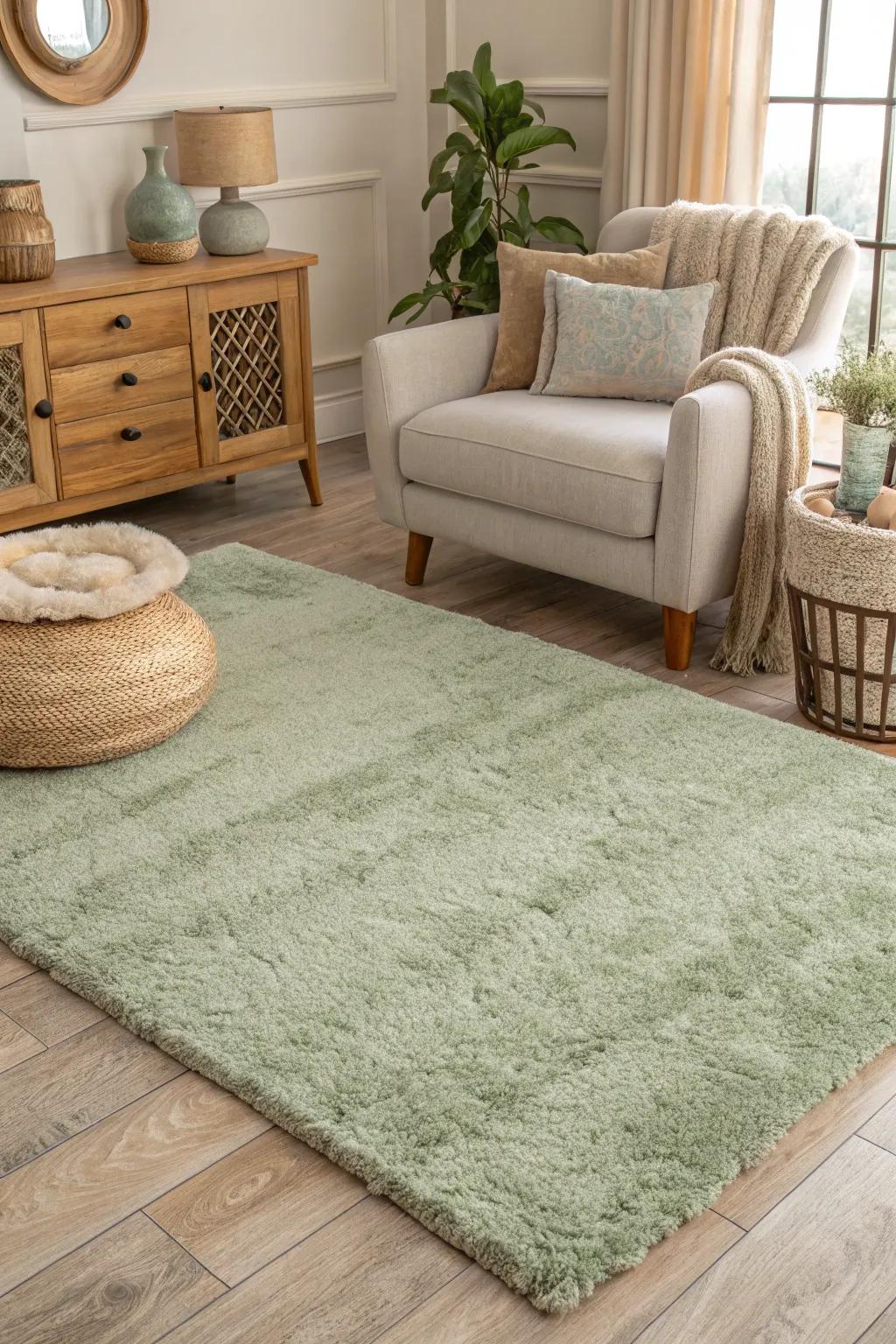 A living area grounded by a plush sage green rug.