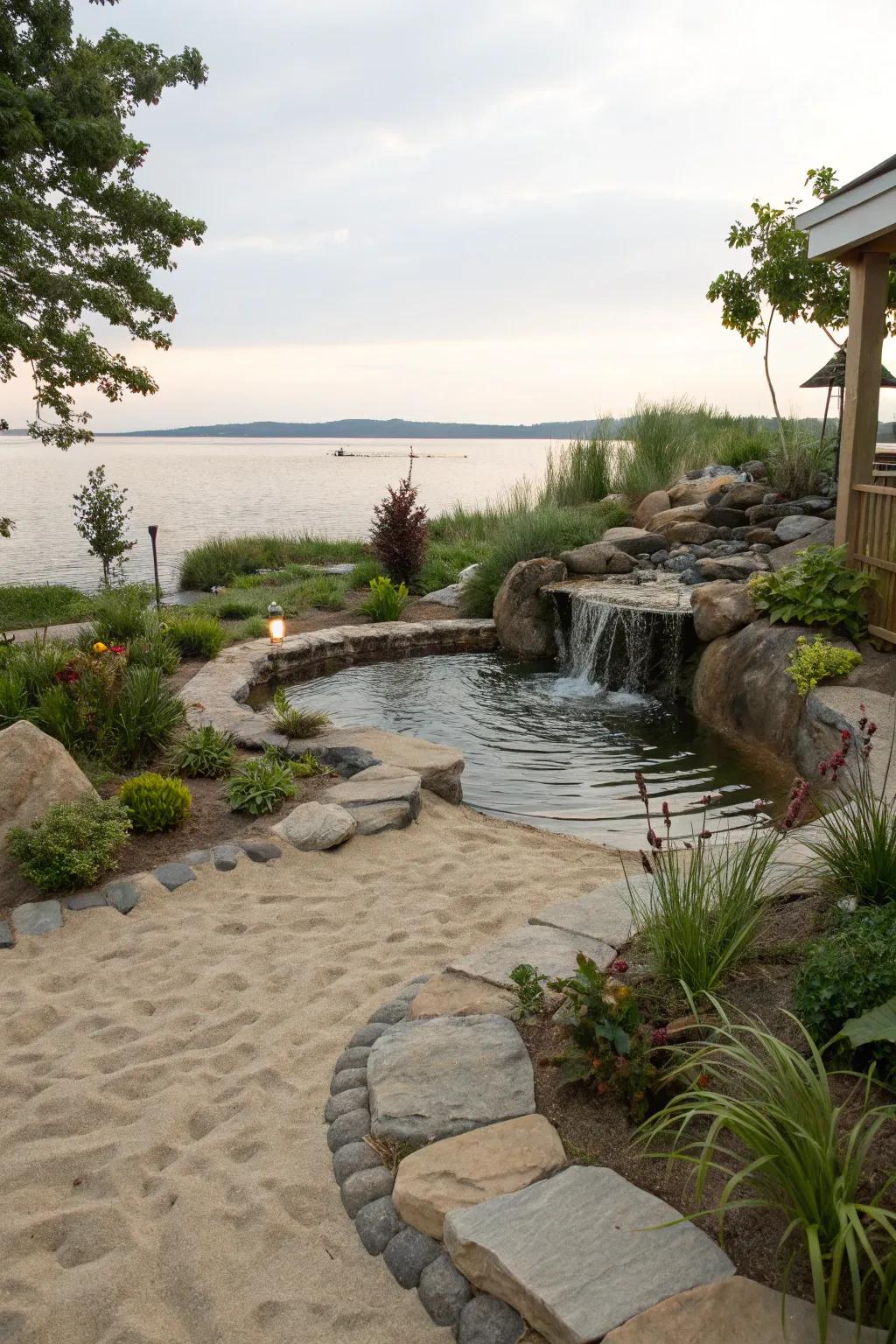 Enhance tranquility with a sand-surrounded water feature.