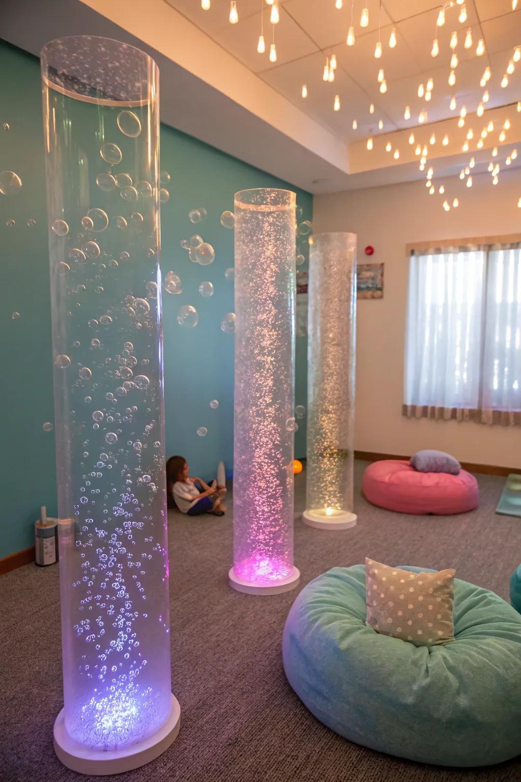 Bubble tubes provide mesmerizing visual stimulation.