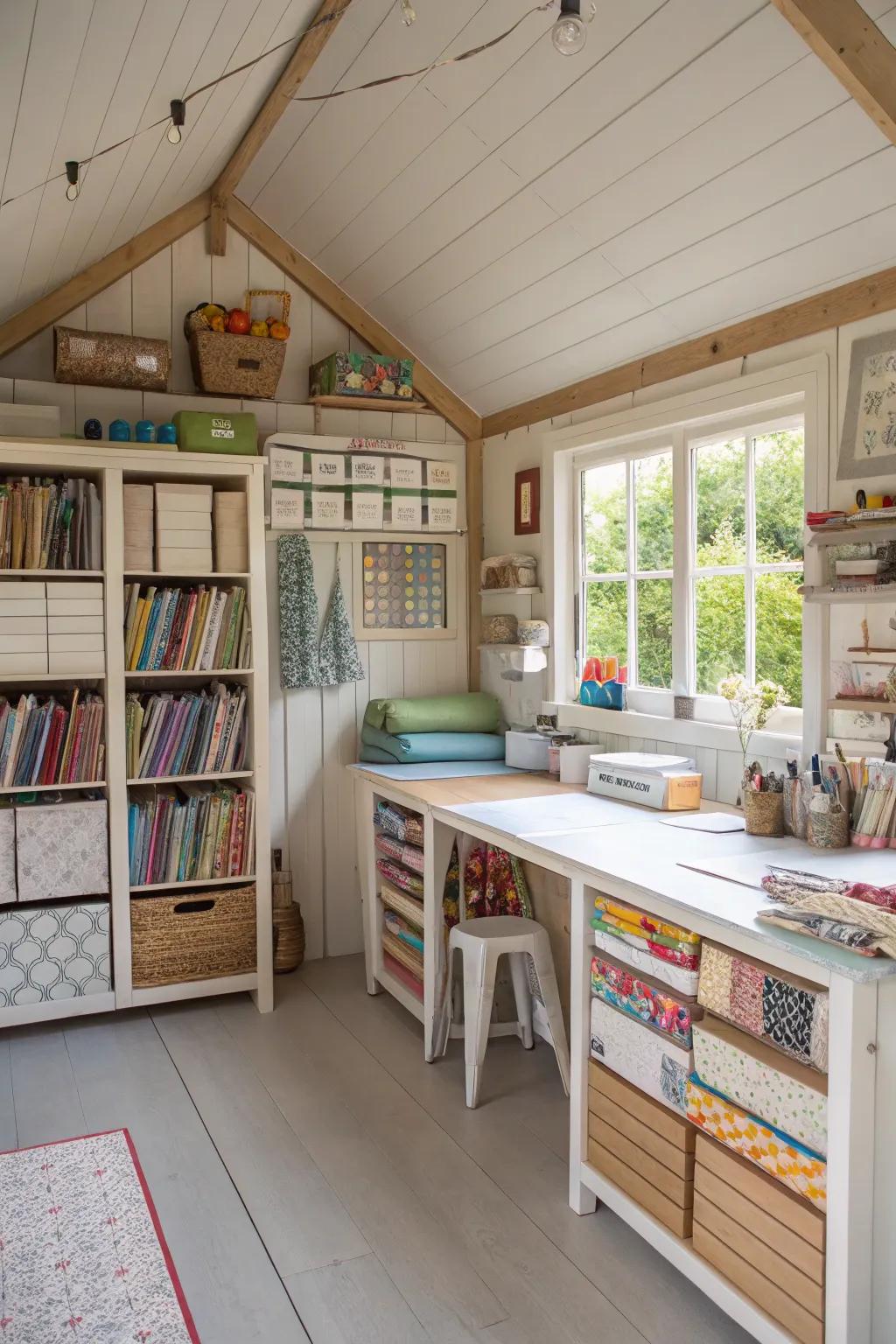 Organize a crafting corner in your she shed with smart storage solutions and a spacious work area.