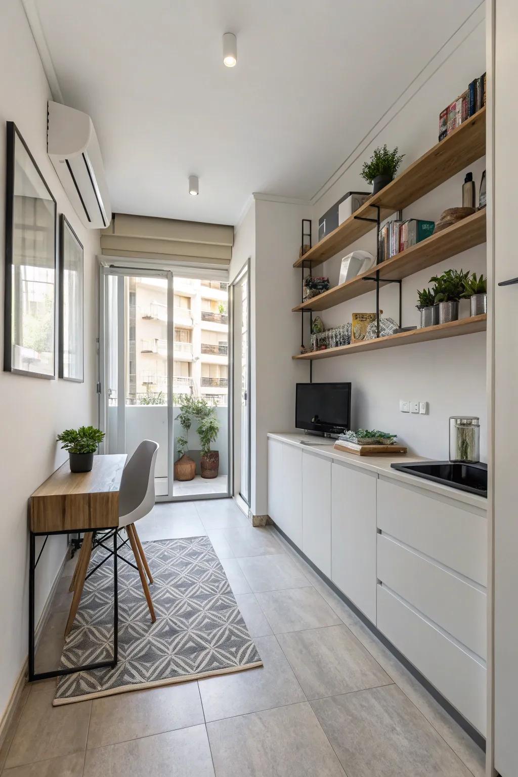 Wall-mounted shelves keeping floor space clear in a small apartment.