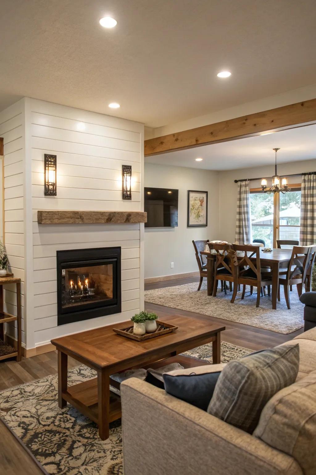 Double-sided shiplap fireplace creating a seamless flow between spaces.