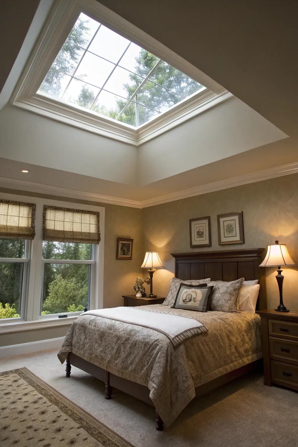 A bedroom featuring a skylight with trim that cleverly creates a faux ceiling.