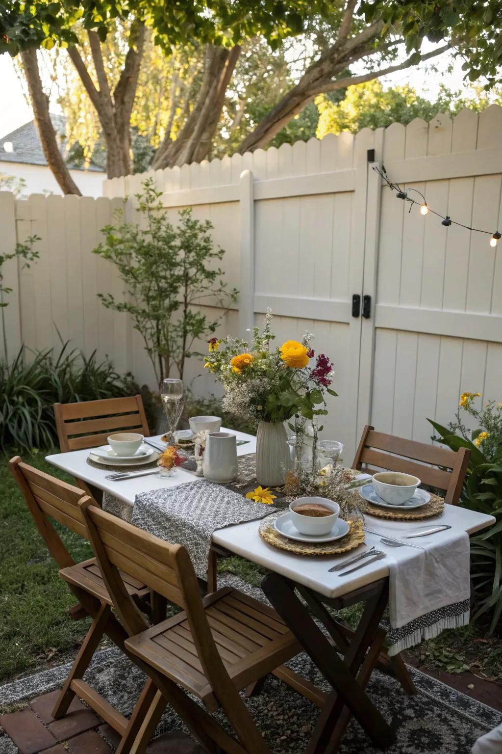 Enjoy meals in the open air with a cozy dining setup.