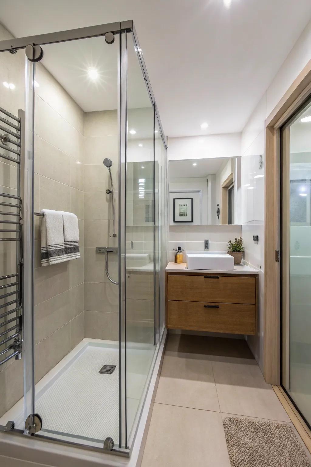 Glass shower doors aid in preserving a spacious ambiance.