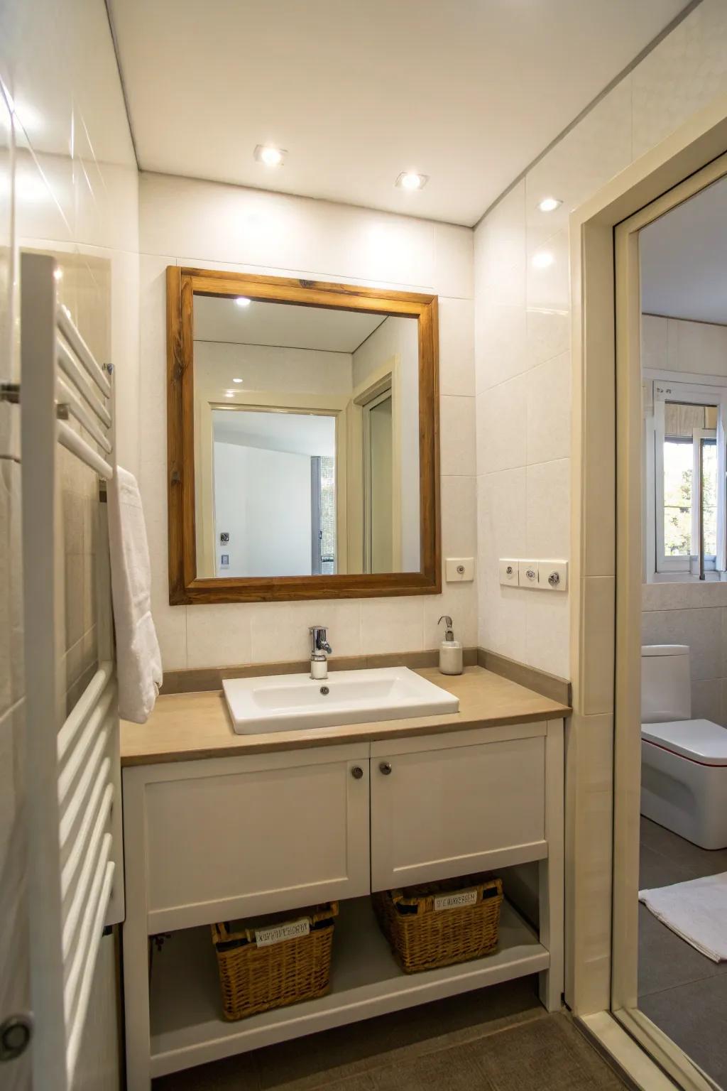 Large looking-glasses create the illusion of a more expansive bathroom.
