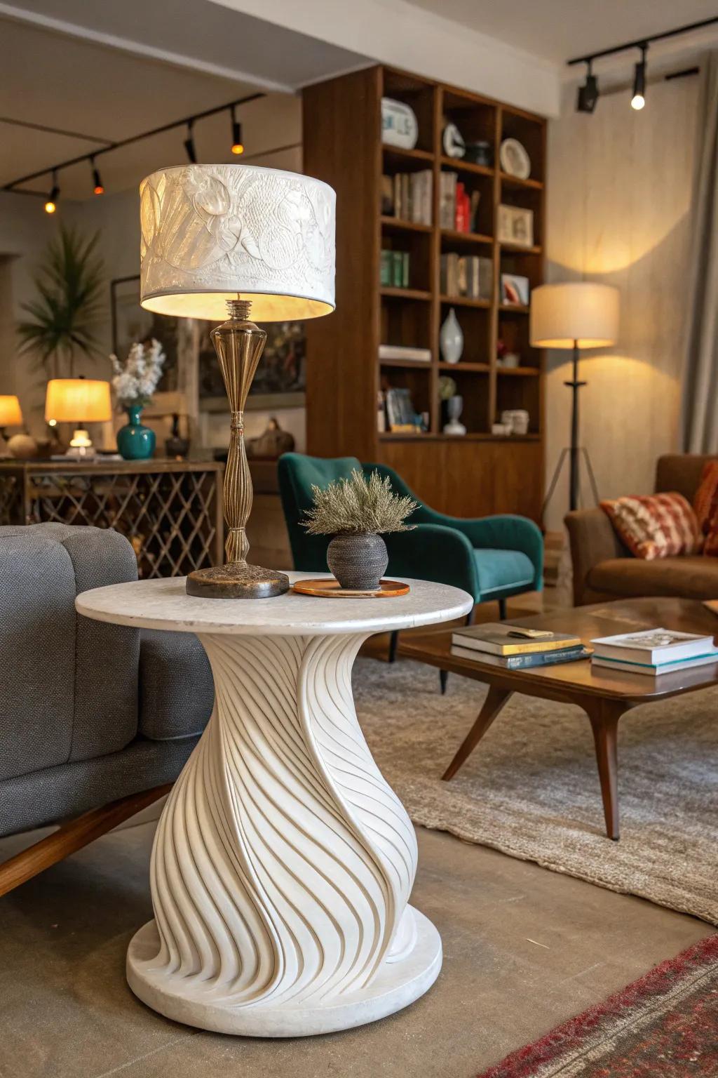 Organic-shaped end table adds an artistic flair to any living space.