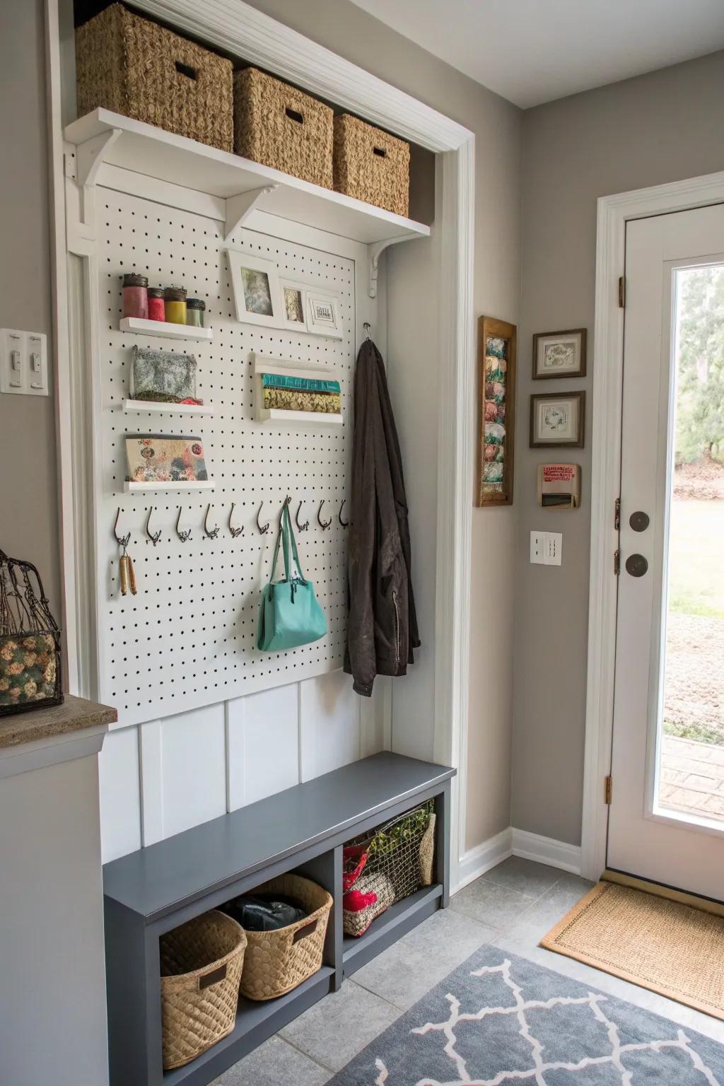 A pegboard offering adaptable and stylish storage solutions.