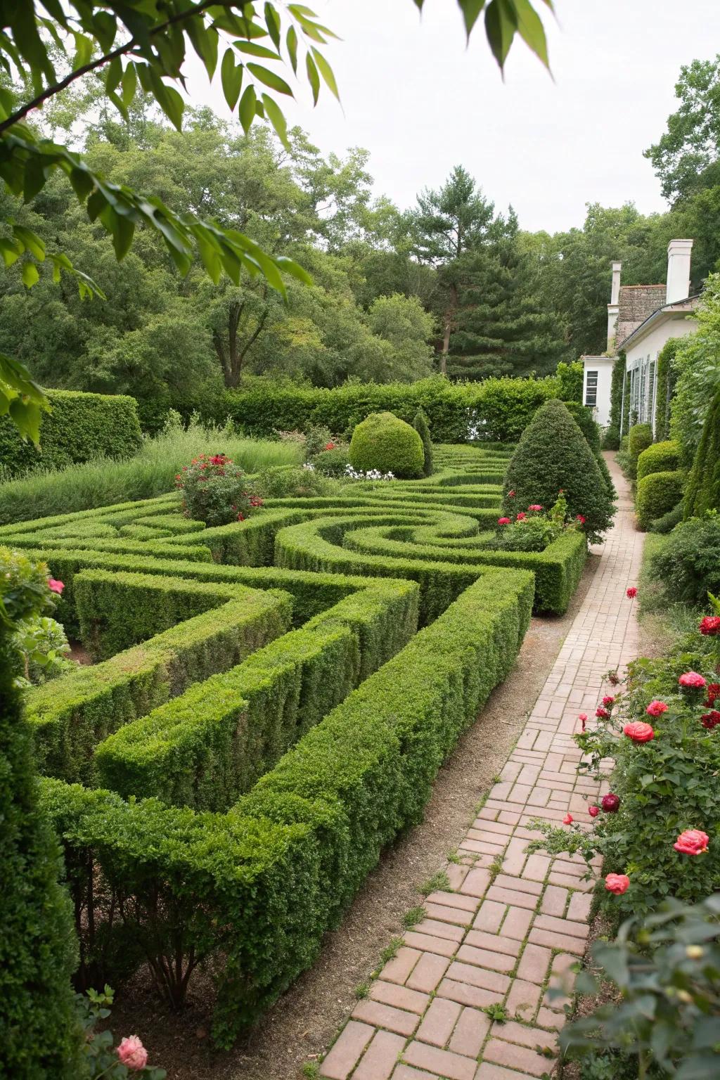 A charming hedge maze adding whimsy to the garden.