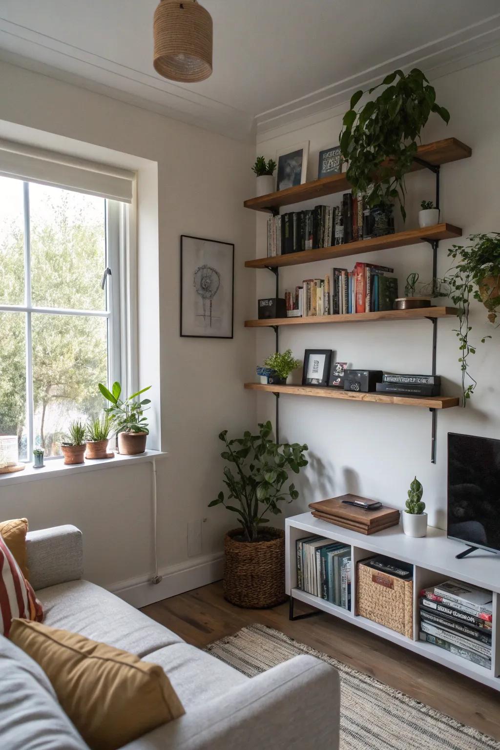 Floating shelves keep your decor stylishly organized.