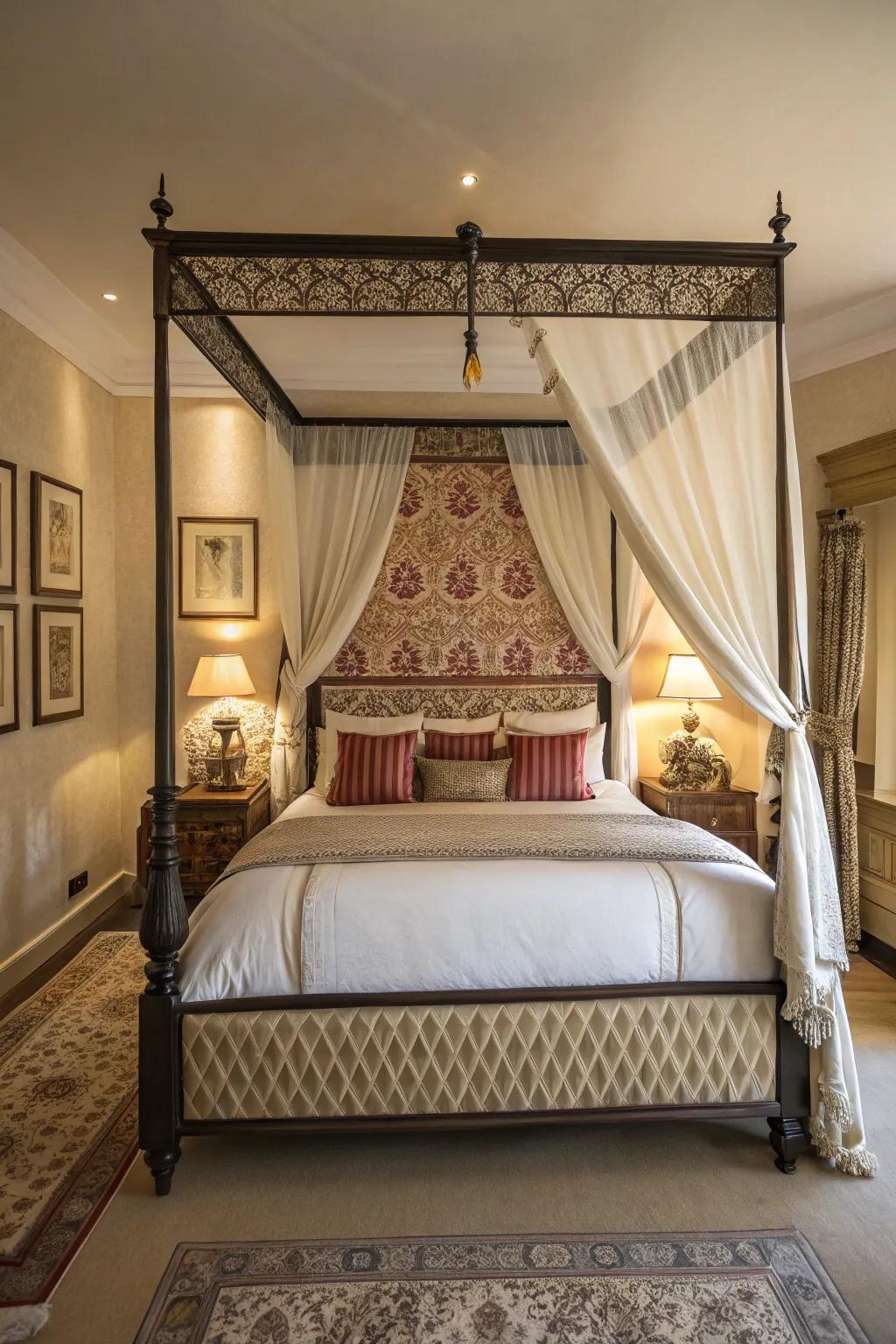 A canopy or a striking headboard can serve as an arresting visual center.