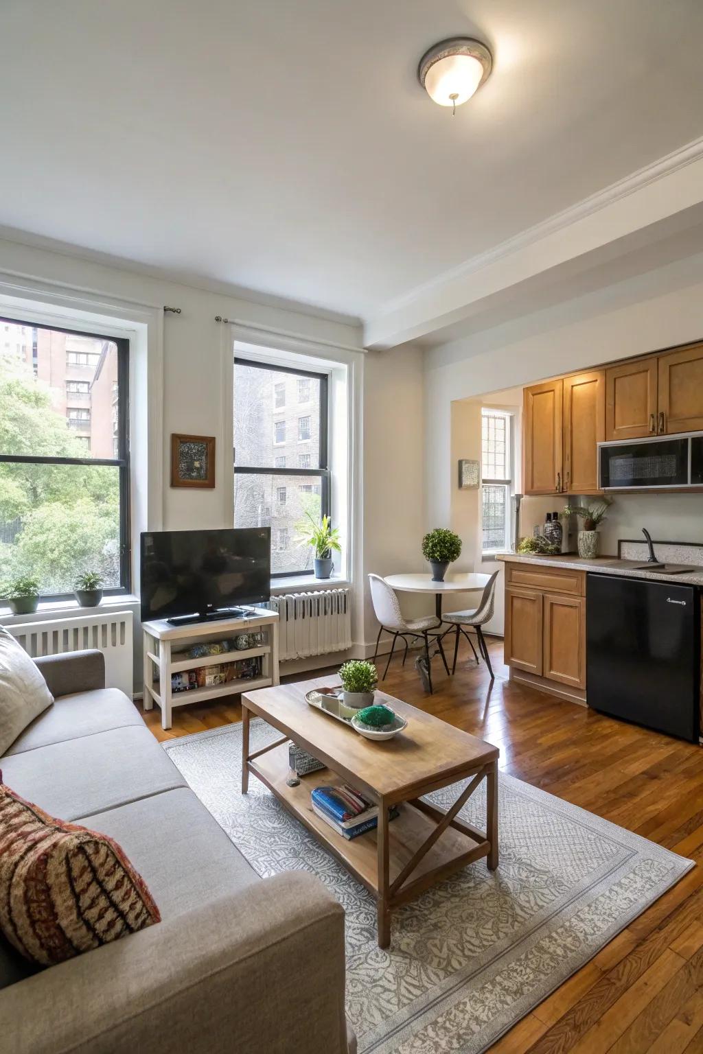 Open layouts make small apartments feel more spacious.