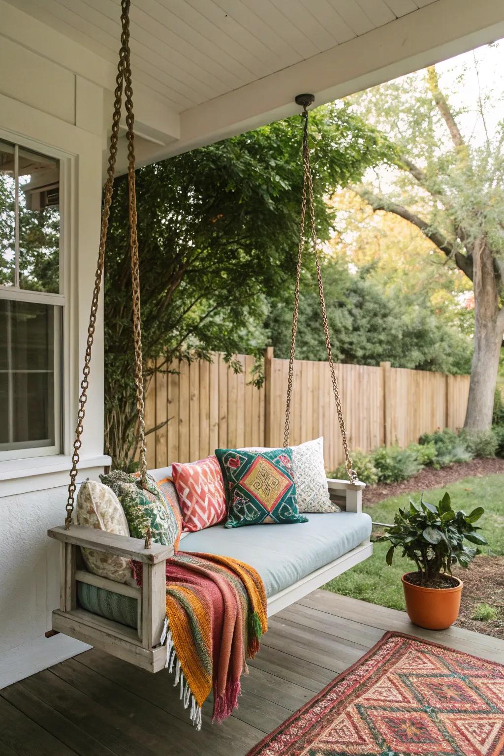 A cozy swing turns your porch into a relaxing retreat.