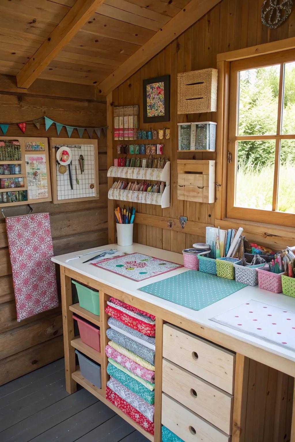 A well-organized crafting corner in a small shed.