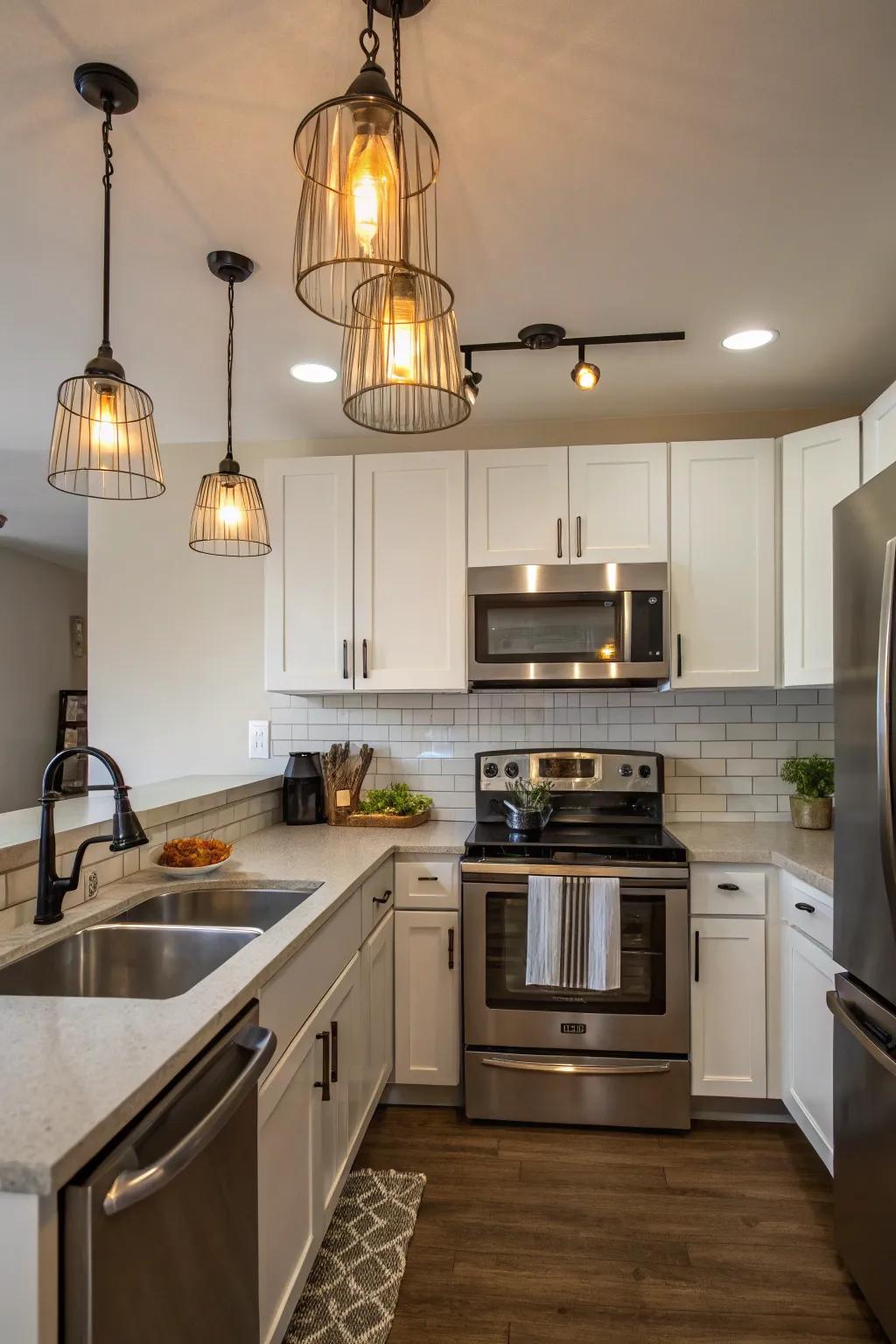 Modern fixtures add elegance and functionality to small kitchens.