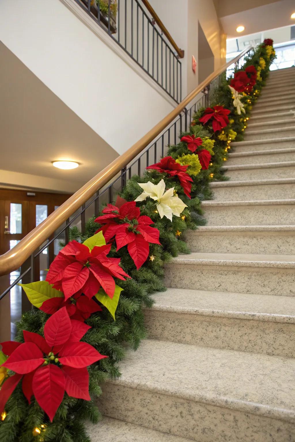 Vibrant poinsettias bring festive cheer to the staircase.