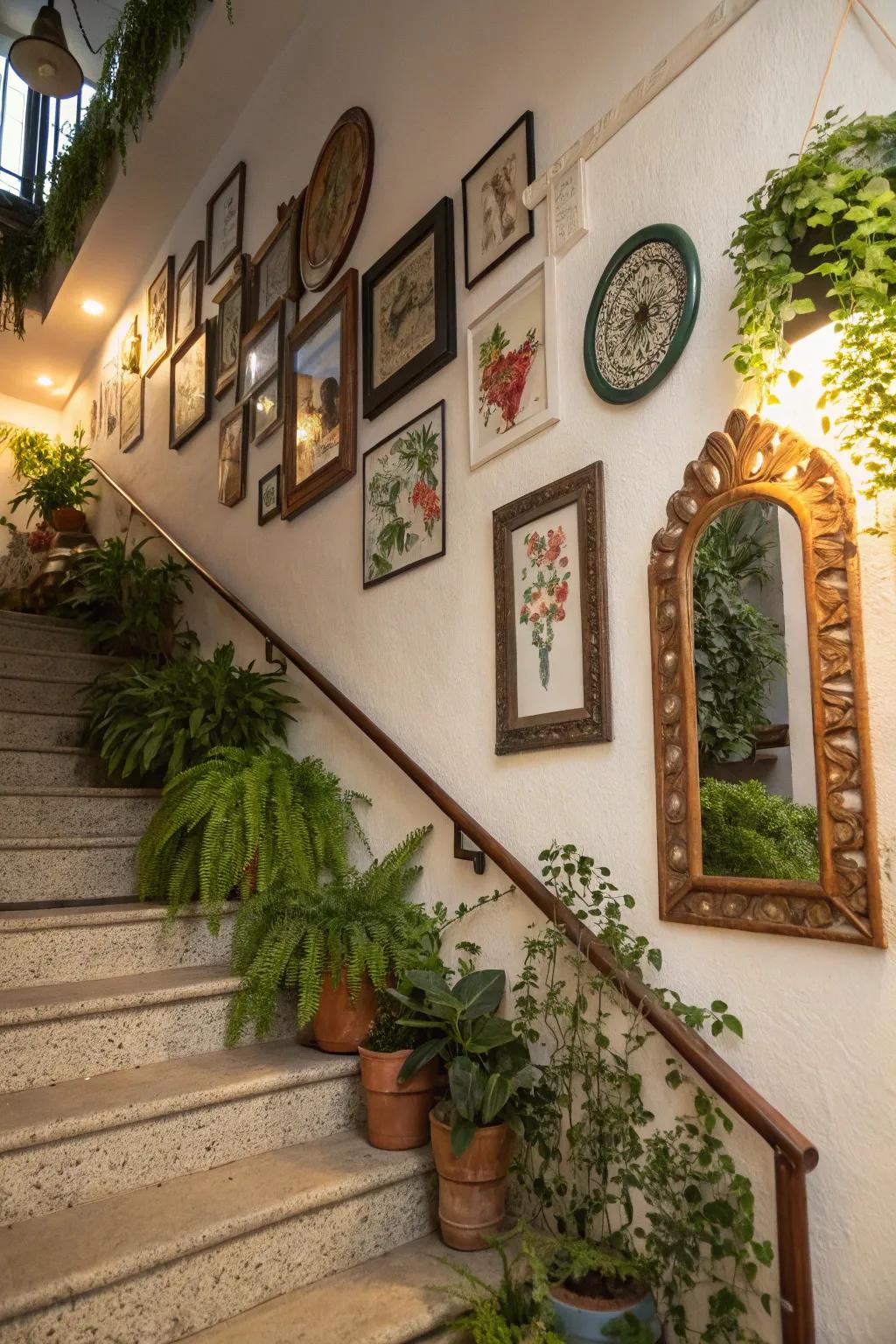 An eclectic mix creates a unique stairway wall.