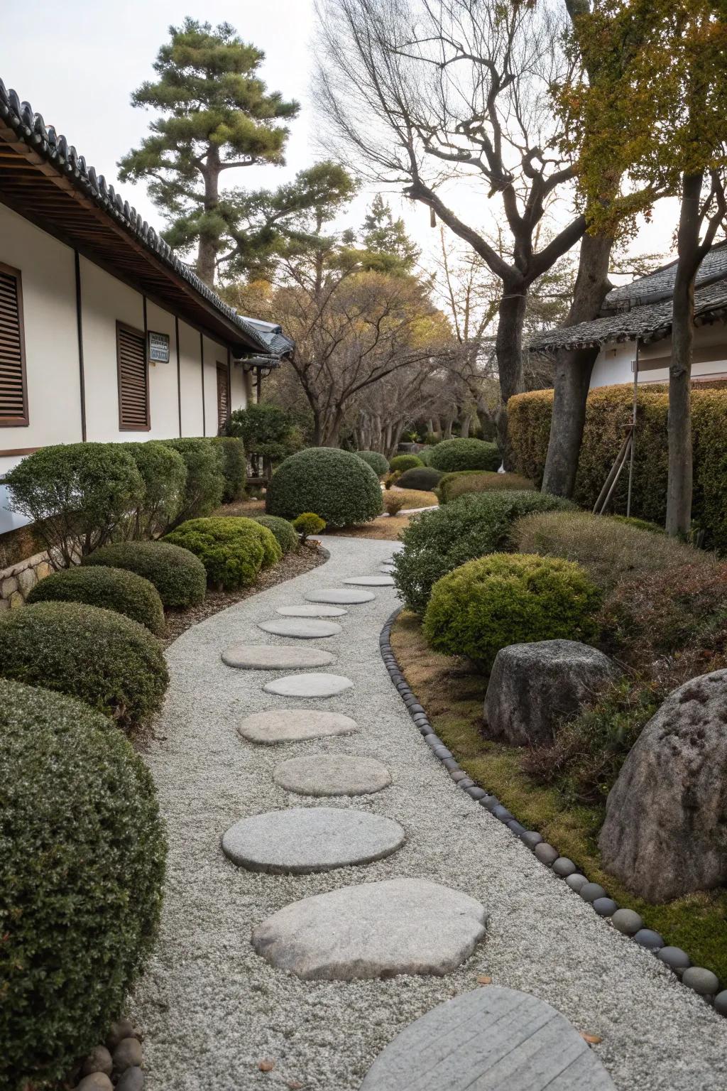 A Zen garden path fosters a sense of peace and calm.