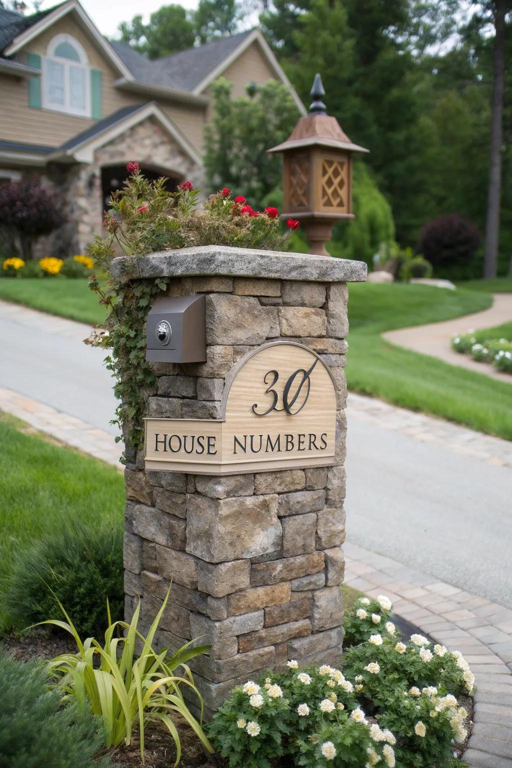 A stone mailbox pillar featuring personalized house numbers.