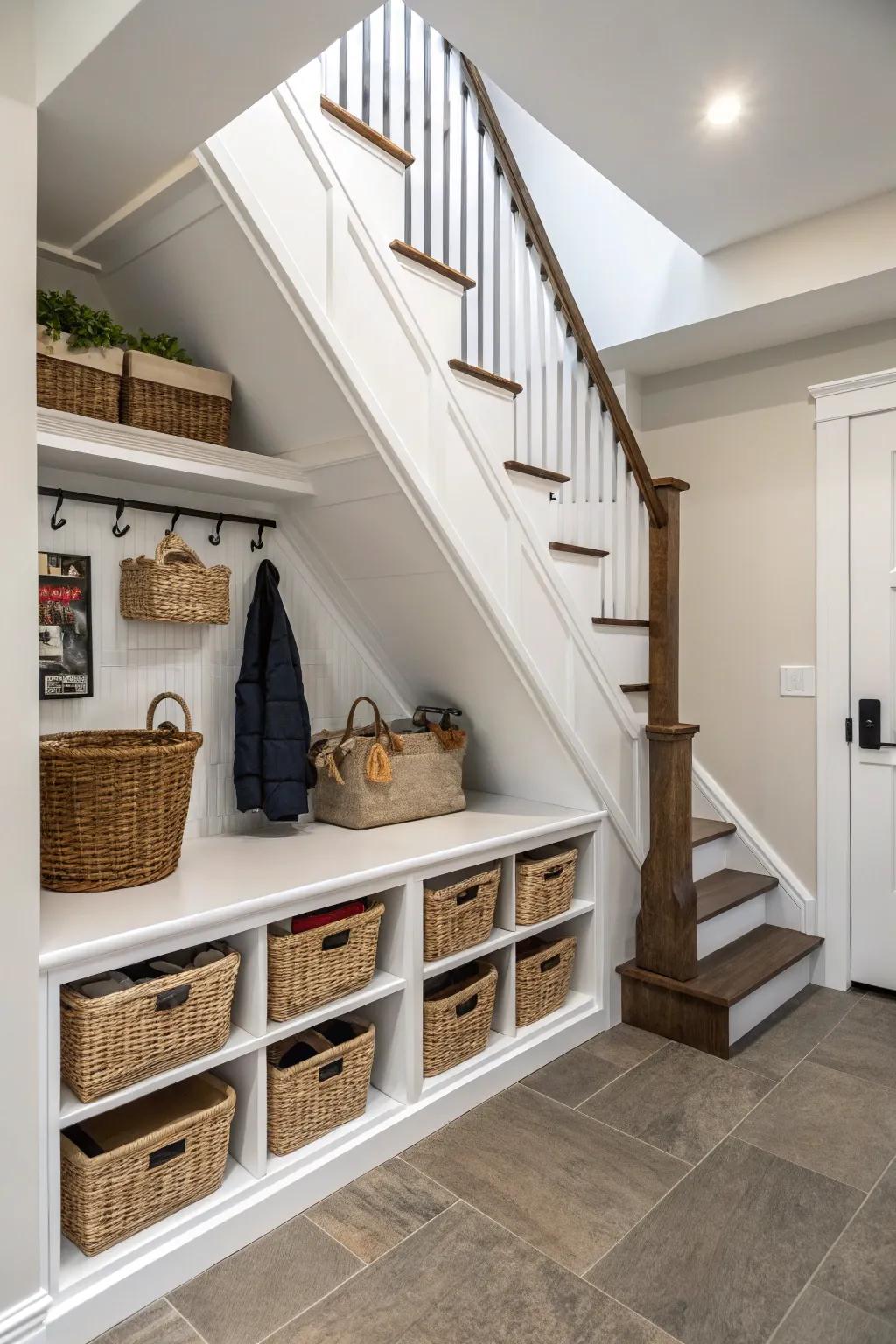 Under-stair storage makes use of otherwise wasted space.