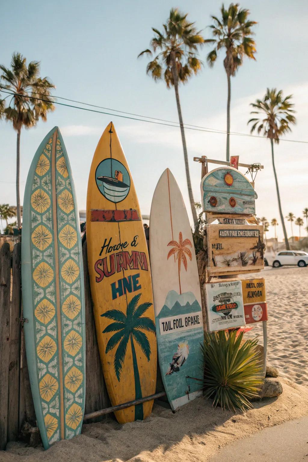 A vintage surf house-themed board featuring surfboards and beach plaques.