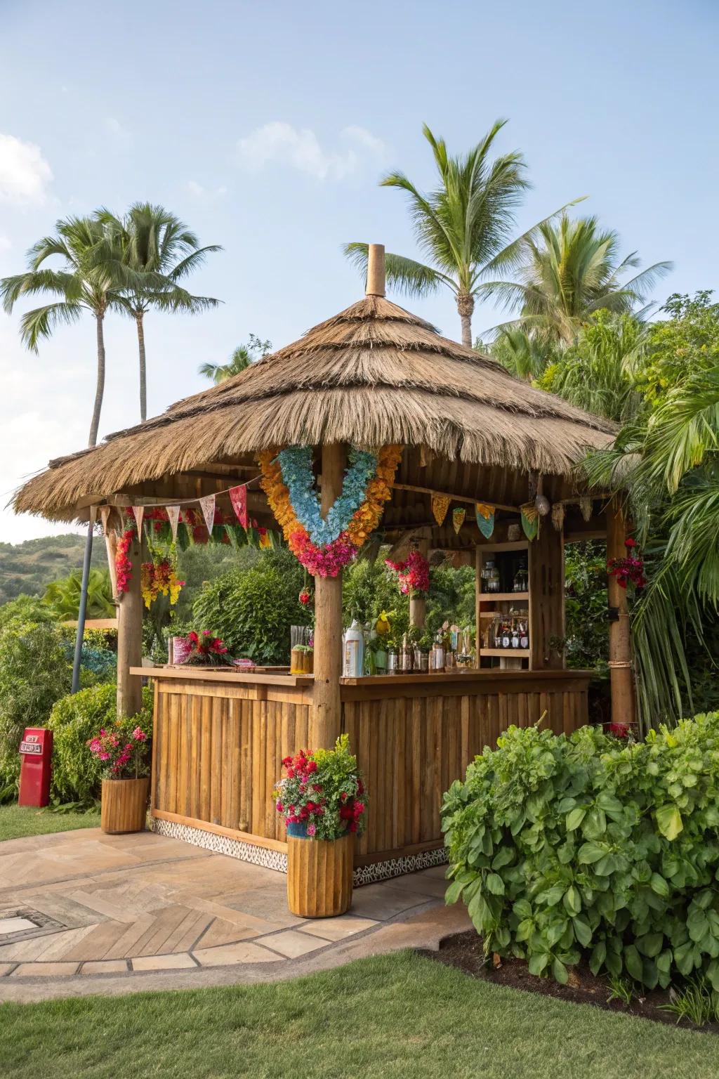 A tropical tiki hut bar brings island vibes to any backyard.