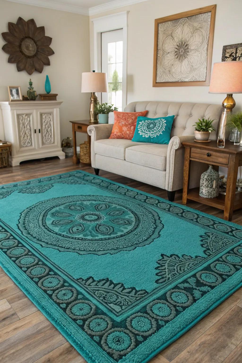 A teal and turquoise rug anchors the room while adding comfort.