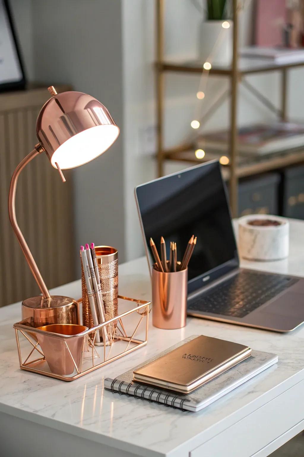 Rose gold desk accessories add a chic touch to study areas.