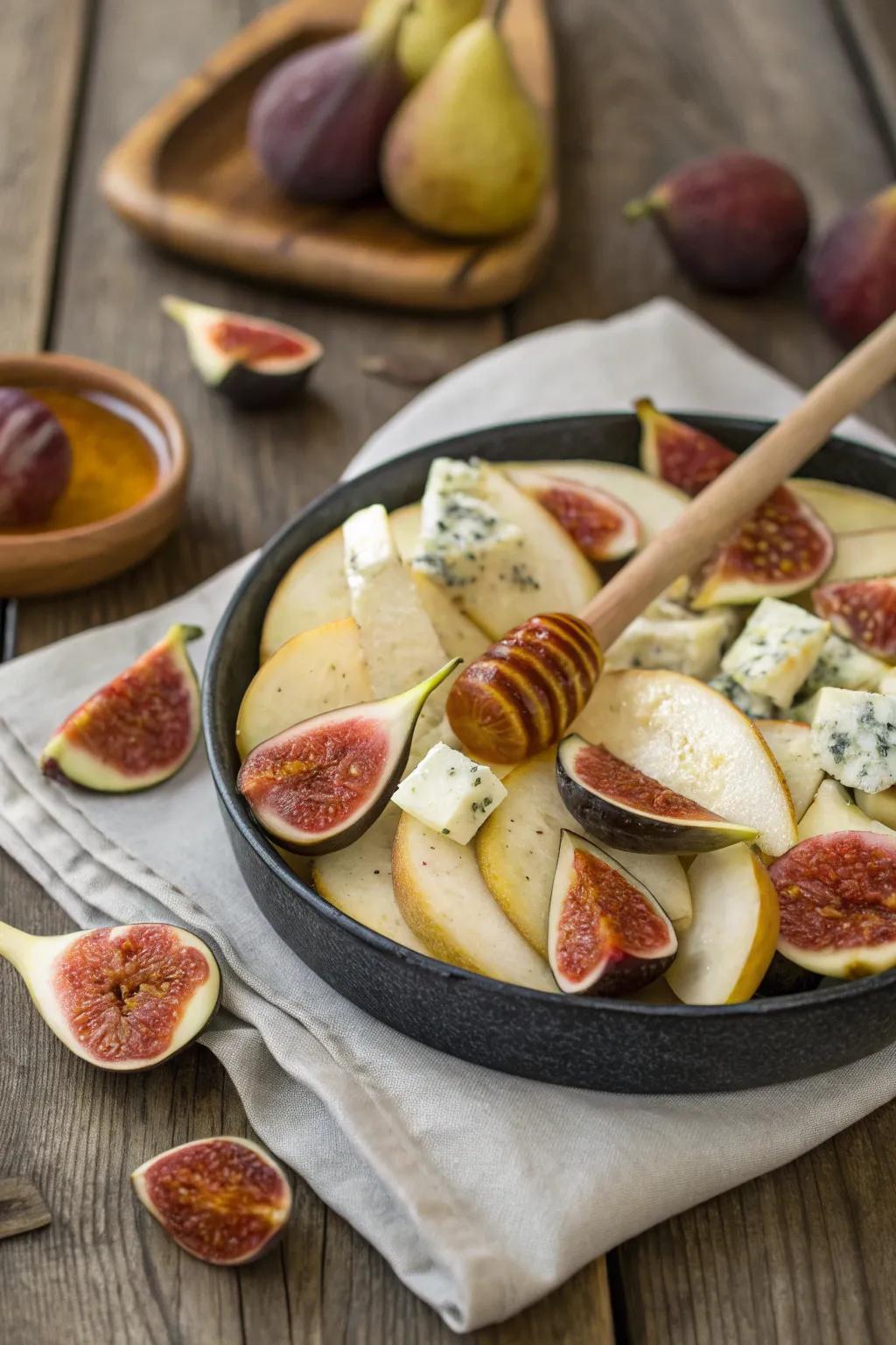 A decadent pear and fig platter for a sweet and savory experience.