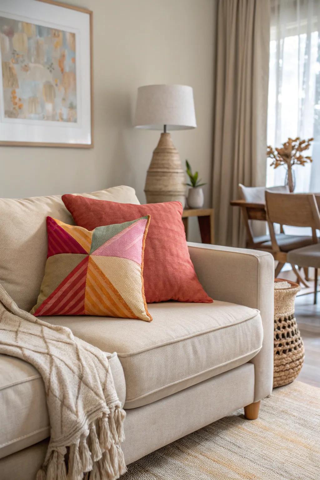 A striking pop of color with a vibrant throw pillow in a neutral setting.