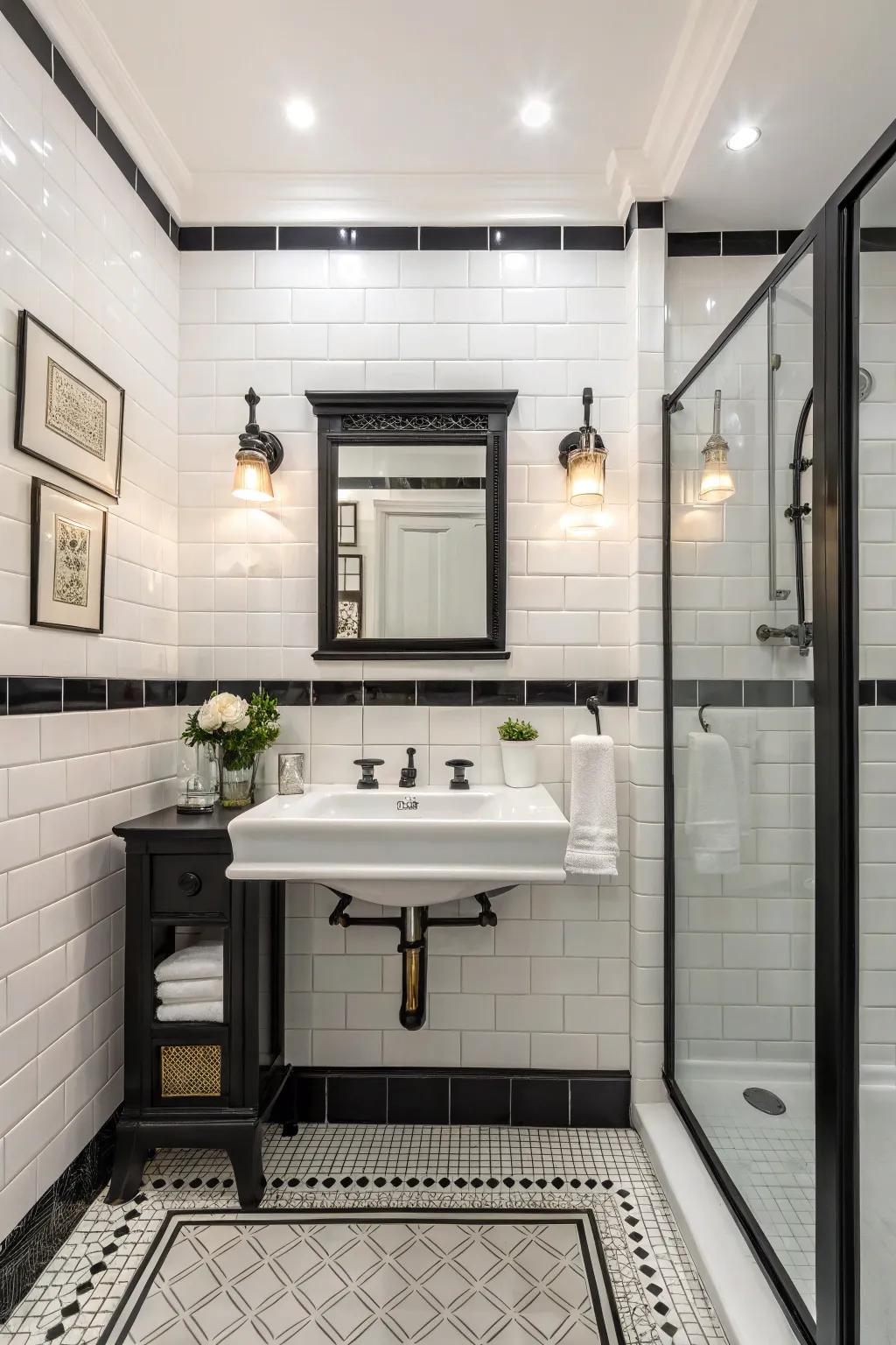 A white bathroom featuring tasteful black accents that create striking contrast.